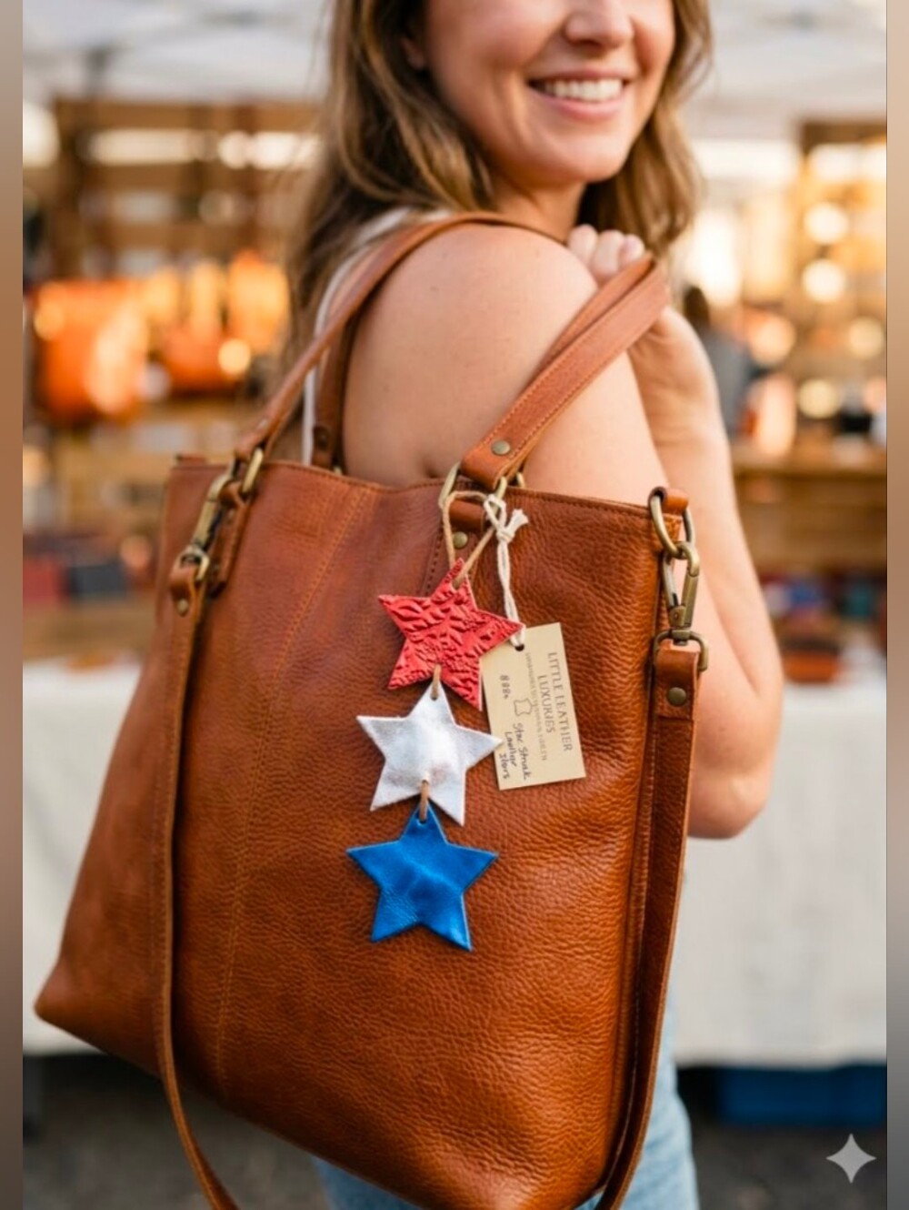 Handmade Genuine Leather 3 Stars Bag Charm Metallic Red White Blue #02